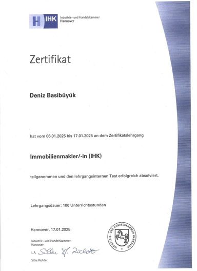 IHK-Zertifikat „Immobilienmakler/-in (IHK)“ von Deniz Basibüyük