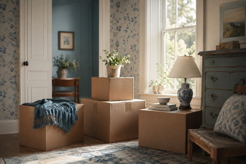 Sorgfältig gepackte Umzugskartons in einem gemütlichen Zimmer – ein Umzug in Ruhe und ohne Druck